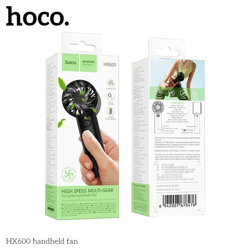 พัดลมพกพา HOCO HX600 สีดำ ปรับแรงลม 3 ระดับ แบตเตอรี่ 1200MAH ใช้งานสูงสุด 4.5 ชม.